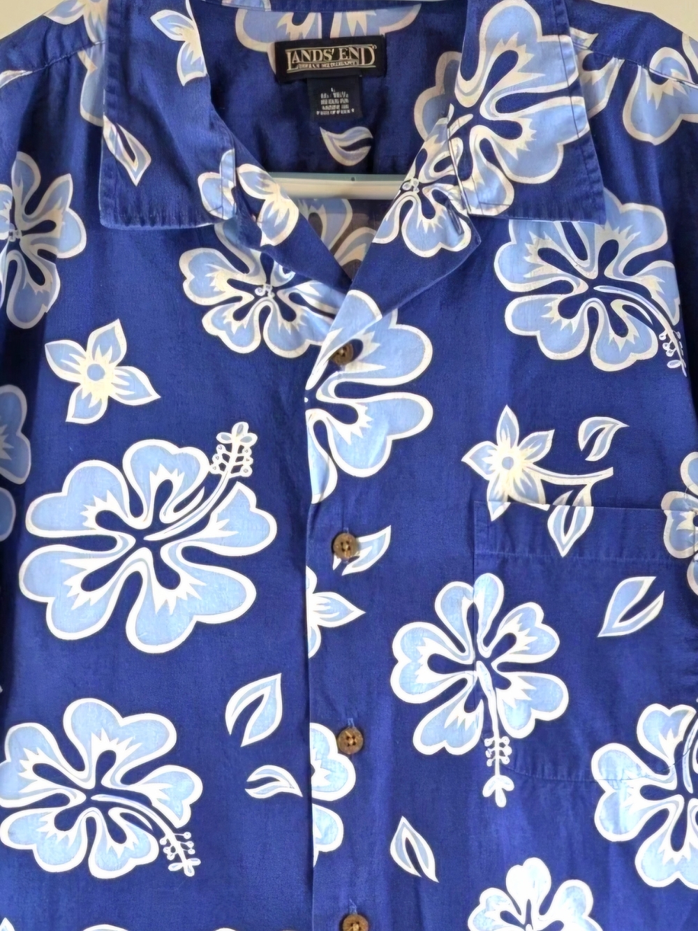 Lands' End Royal Blue Hawaiian Floral Button-Up Shirt